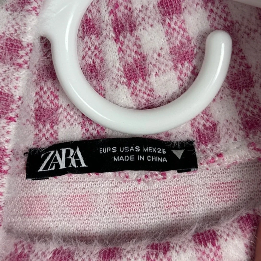 Zara Pink White Mock Neck Sweater Womens Size Small Checkered‎ Plaid Preppy Knit - Picture 4 of 16